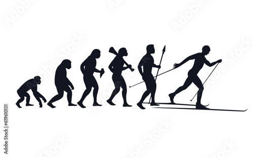 Evolution from primate to skier. Vector sportive creative illustration