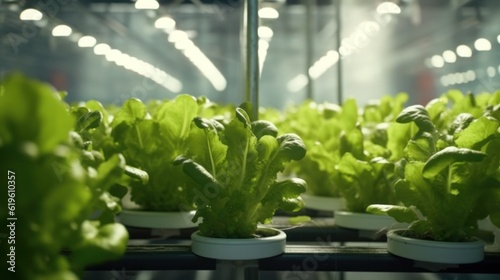 leafy green vegetable in a greenhouse. Small farmers grow green safe vegetables in a network house, greenhouse.Generative AI