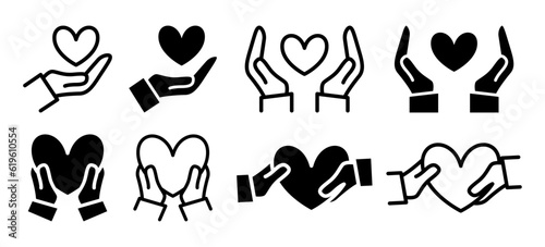Heart in hand icons collection set. Hands holding heart icon. Love icon. Health, medicine symbol. Vector illustration