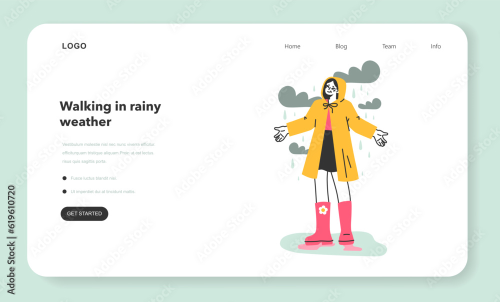 Female character under the rain web banner or landing page. Rainy Female character under the rain web banner or landing page. Rainy