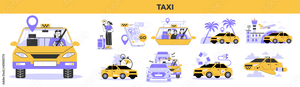 Taxi service set. Online taxi order in mobile application. Yellow taxi car Taxi service set. Online taxi order in mobile application. Yellow taxi car