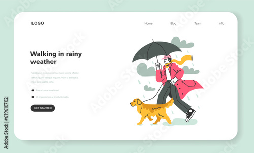 Male character under the rain web banner or landing page. Rainy