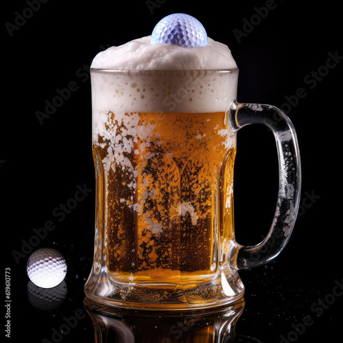 Frothy beer mug on a black background with golf ball ice cube