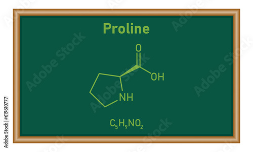 Chemical structure of proline (C5H9NO2). Chemical resources for teachers and students. Vector illustration photo