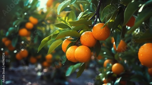 orange grove with many oranges growing on trees in the sunshine, new harvest. Generative AI