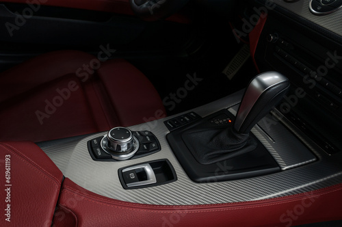 Automatic transmission in modern car. Interior detail.