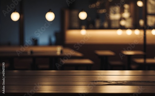 A table top with blurred lights of a restaurant in the background.