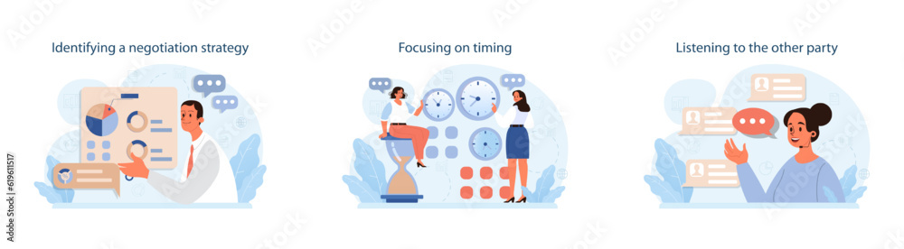 How to conduct difficult negotiation set. Business characters with opposite How to conduct difficult negotiation set. Business characters with opposite