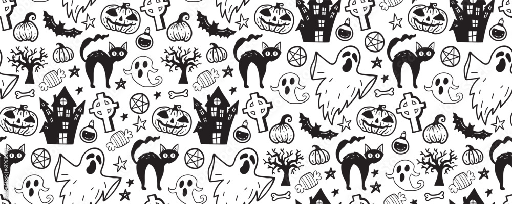 Halloween seamless pattern. Vector artwork background with holiday symbols of the day of the dead. Cute autumn design. Scary horror sketch art. Magic wallpaper illustration with ghost and pumpkin Halloween seamless pattern. Vector artwork background with holiday symbols of the day of the dead. Cute autumn design. Scary horror sketch art. Magic wallpaper illustration with ghost and pumpkin