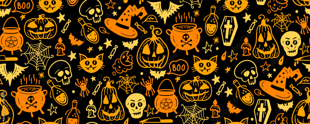 Halloween seamless pattern. Vector artwork background with holiday symbols of the day of the dead. Cute autumn design. Scary horror sketch art. Magic wallpaper illustration with ghost and pumpkin
