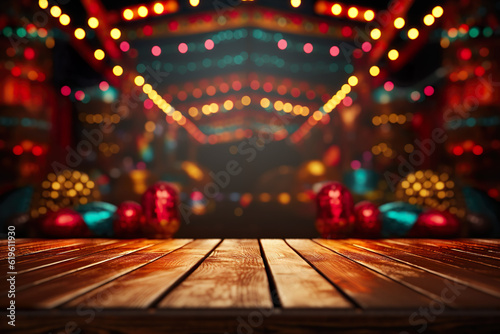 Empty wooden table with Mexican fiesta background in the background