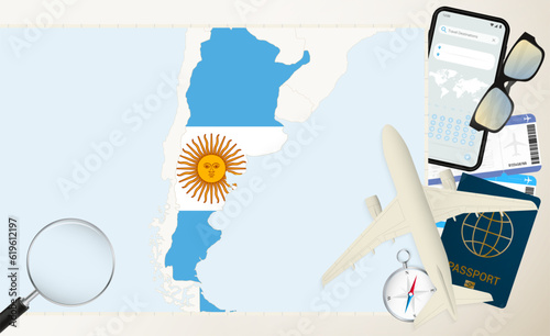 Argentina map and flag, cargo plane on the detailed map of Argentina with flag.