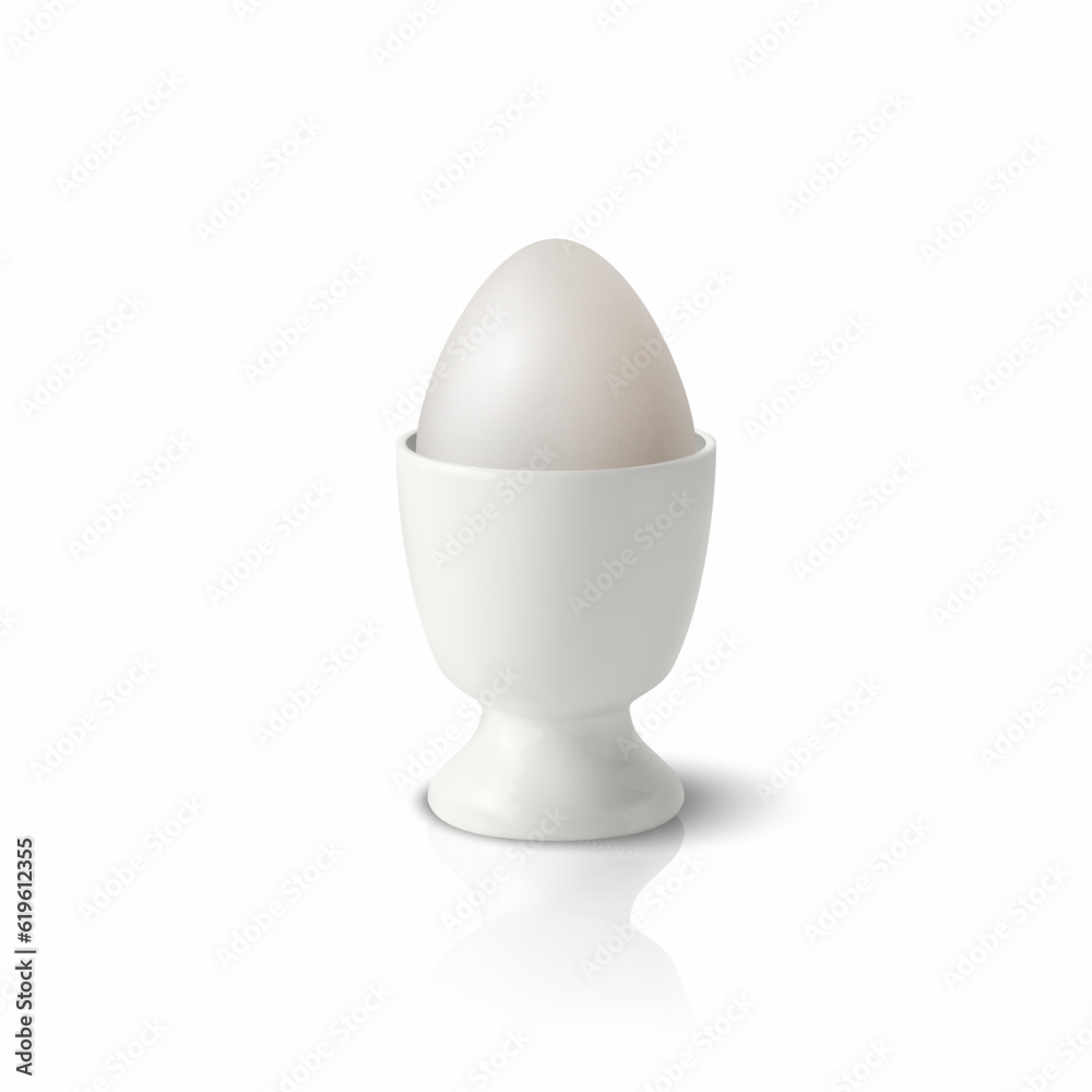Vector 3d Realistic White Chicken Egg in a White Ceramic, Porcelain Boiled Egg Cup Holder, Stand for Breakfast. Chicken Egg Icon, Isolated, Front View Vector 3d Realistic White Chicken Egg in a White Ceramic, Porcelain Boiled Egg Cup Holder, Stand for Breakfast. Chicken Egg Icon, Isolated, Front View