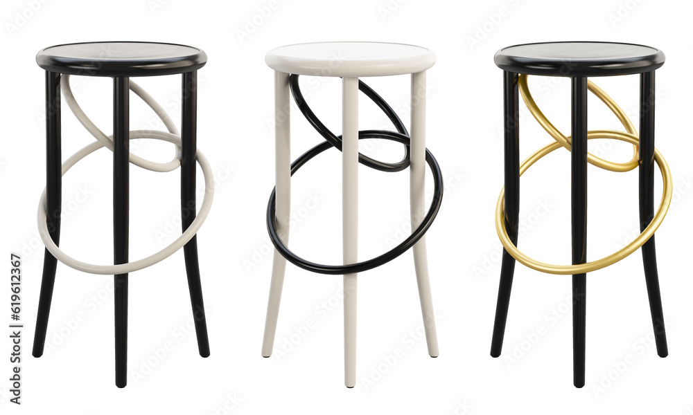 Midcentury steam-bent wooden bar stools. 3d render