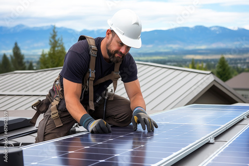 Technician installing solar panels on a roof, setting up photovoltaic solar panel system, sustainable energy home concept, maintenance