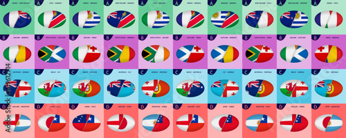 Collection of Rugby icons for international competition 2023, all games versus icon of group stage in shape of rugby ball.