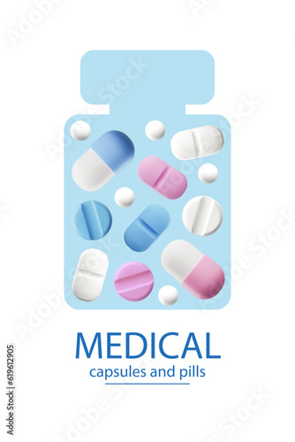 Realistic medical capsules and pills, jar silhouette 3D style, vector illustration