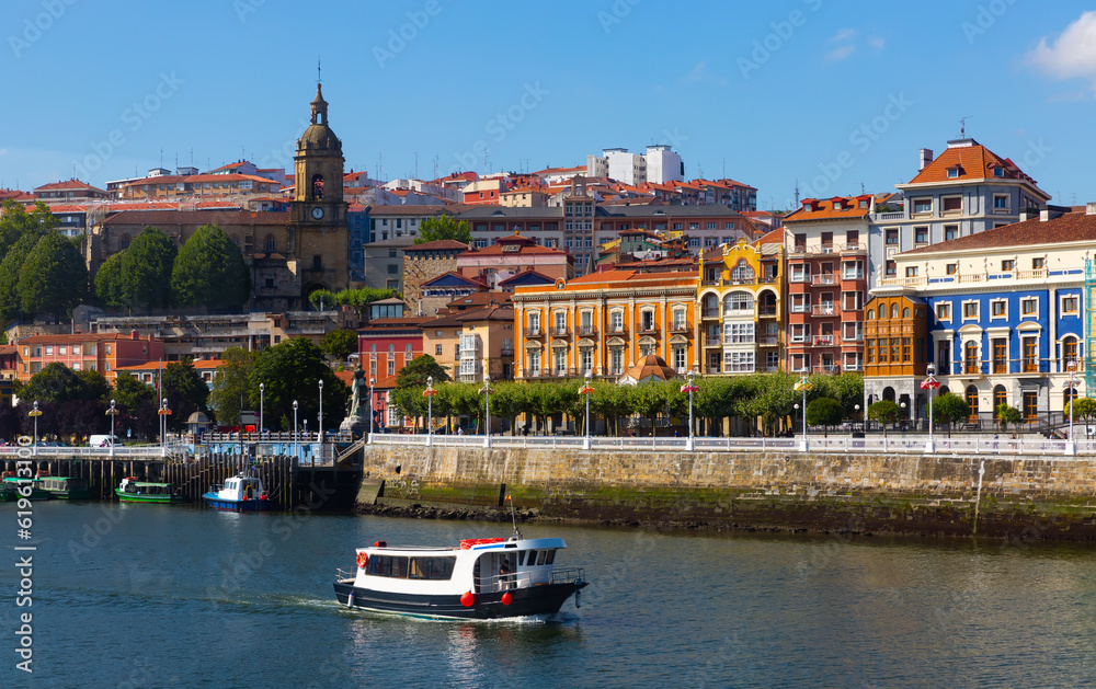 Panoramic view of embankment in Portugalete city from Estuary of Bilbao, Spain