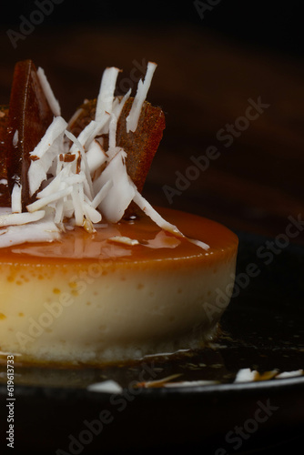 delicious dessert custard with caramel and coconut