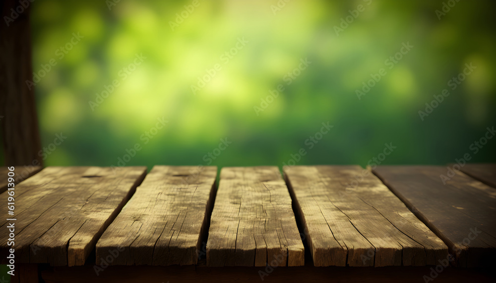 The empty wooden table top with blur background of the forest. Empty tabletop for design on the background of nature. Generative AI The empty wooden table top with blur background of the forest. Empty tabletop for design on the background of nature. Generative AI