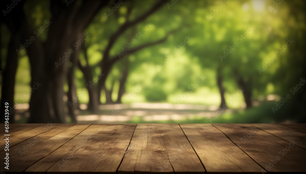 The empty wooden table top with blur background of the forest. Empty tabletop for design on the background of nature. Generative AI The empty wooden table top with blur background of the forest. Empty tabletop for design on the background of nature. Generative AI