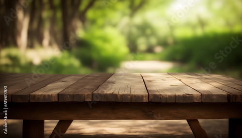 The empty wooden table top with blur background of the forest. Empty tabletop for design on the background of nature. Generative AI