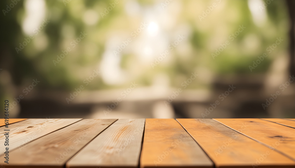 The empty wooden table top with blur background of the forest. Empty tabletop for design on the background of nature. Generative AI The empty wooden table top with blur background of the forest. Empty tabletop for design on the background of nature. Generative AI