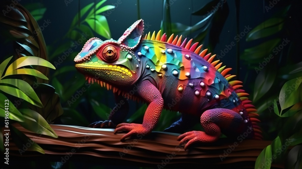 Fototapeta premium A vibrant chameleon perched on a branch in a colorful jungle