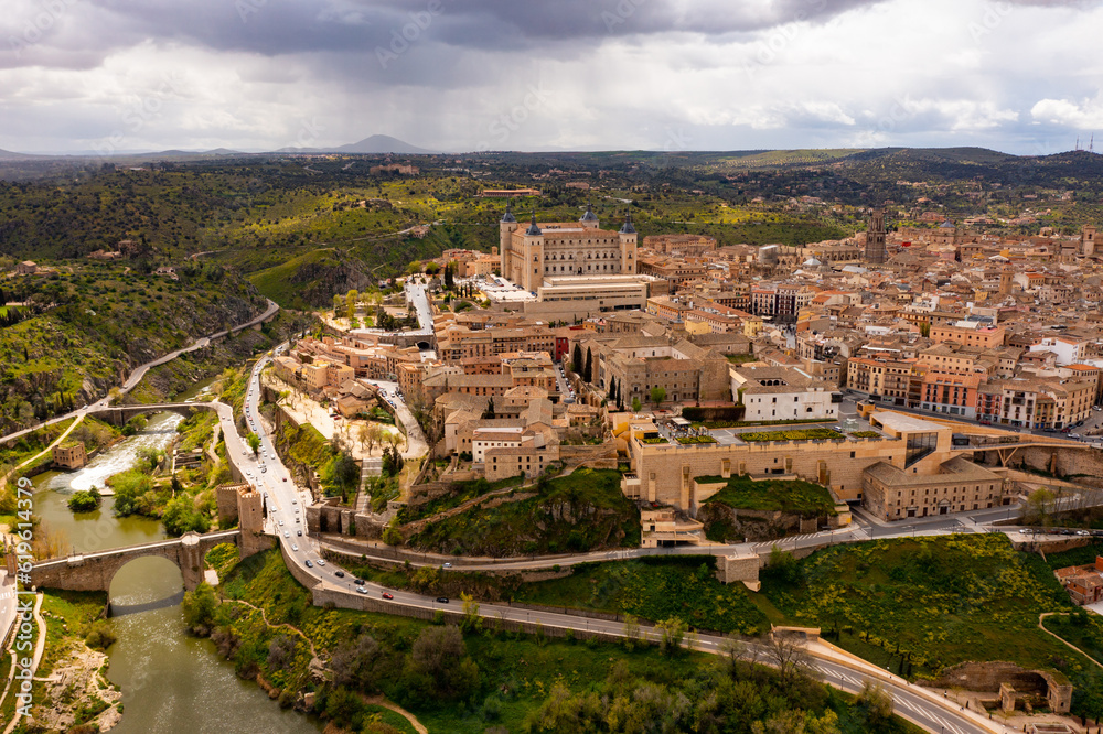 View of the famous Alcazar palace in the medieval Toledo old town in Spain