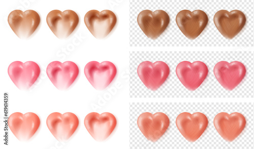 Cream heart beauty cosmetic texture. Glossy liquid lipstick gel or nail polish smear. Brown tone fluid moisturizer and pink beige gel gloss.