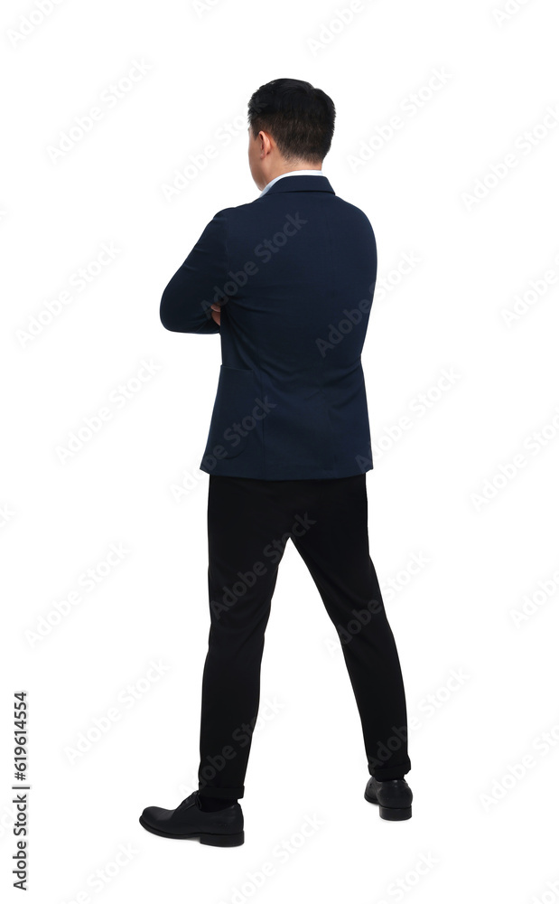 Businessman in suit posing on white background, back view Businessman in suit posing on white background, back view
