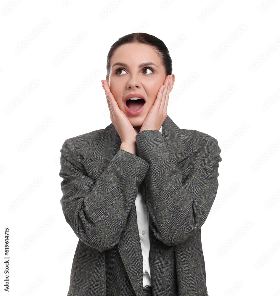 Beautiful emotional businesswoman in suit on white background Beautiful emotional businesswoman in suit on white background