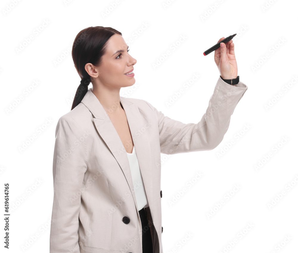 Beautiful businesswoman in suit with marker on white background Beautiful businesswoman in suit with marker on white background