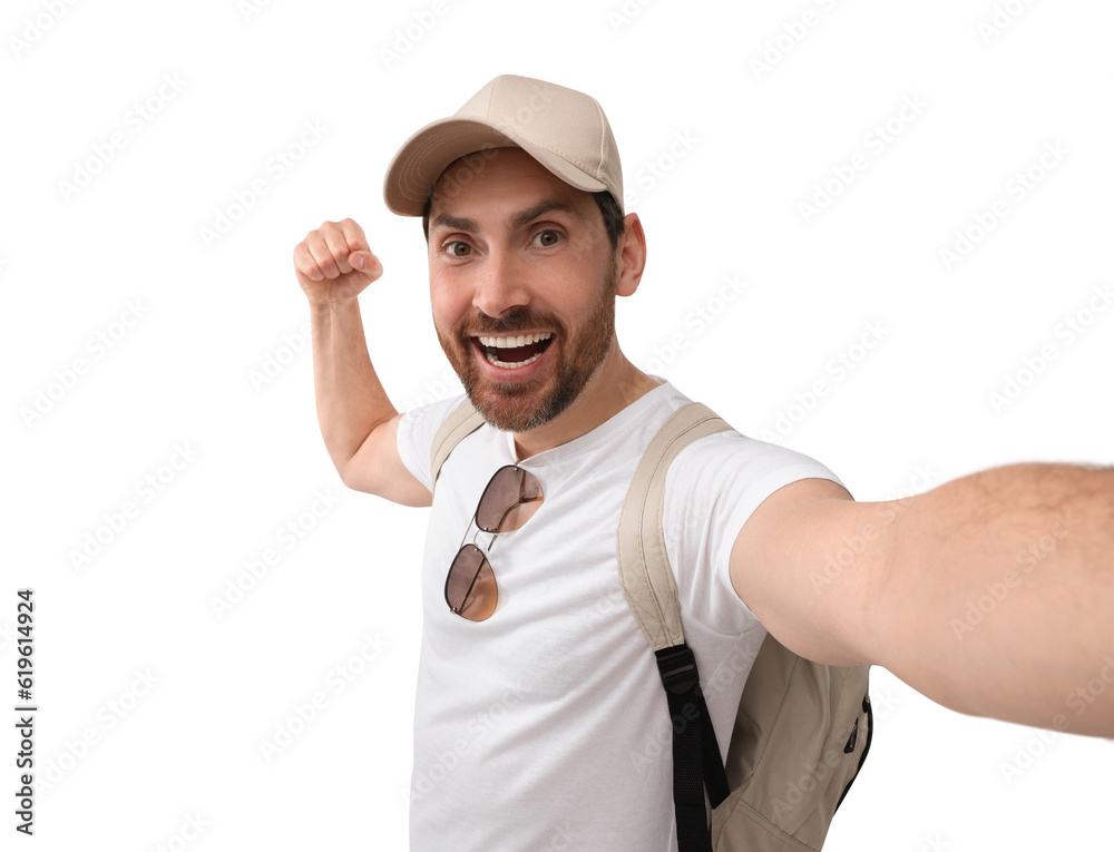 Smiling man taking selfie on white background Smiling man taking selfie on white background