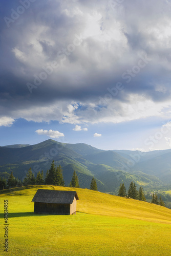 Ukraine, Ivano Frankivsk region, Verkhovyna district, Dzembronya village, Wooden hut in rural landscape in Carpathian Mountains