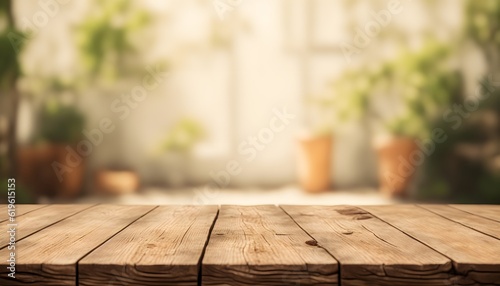 The empty wooden table top with blur background of business district and office building. exuberant image. Empty tabletop for design against the background of the town. Generative AI