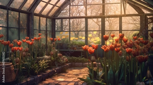 greenhouse with tulips.Neural network AI generated. 
