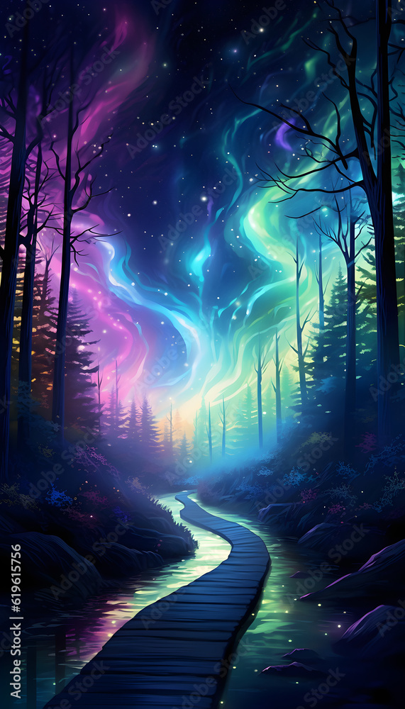 A Footpath meandering through a Lush Forest, with an Aurora Borealis lighting up the Night Sky Overhead Generative AI
