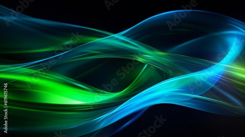 A vibrant green and blue wave on a deep black background