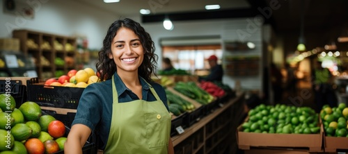 Fotografie, Obraz Smiling hispanic female supermarket fruit section worker looking at the camera