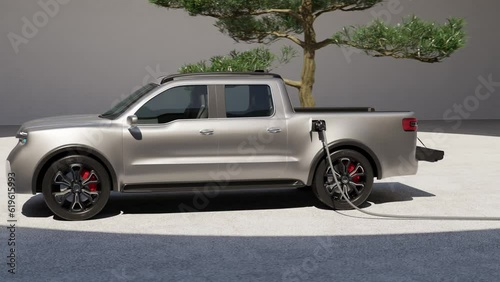 Silver Electric Pickup Truck connected to charging station with Japanese Zen garden style courtyard background. Generic design. 3D rendering animation.