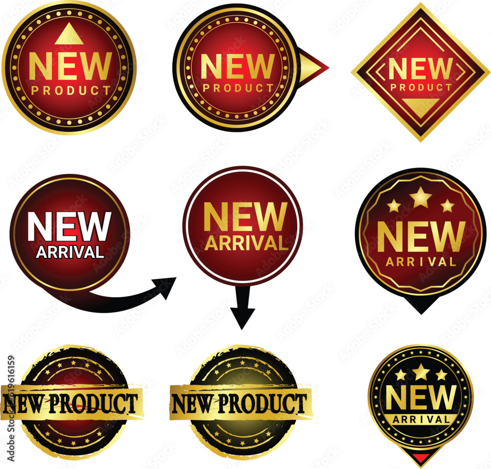 Vector set of new product labels in elegant gold and red colors to place on top of your new products. to add distinctiveness to the product