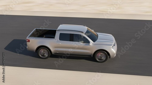 Silver Electric Pickup Truck driving on desert road. Generic design. 3D rendering animation.