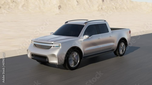 Silver Electric Pickup Truck driving on desert road. Generic design. 3D rendering animation.