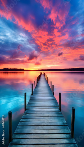 A Wooden Pier extending into a Serene Lake  reflecting a Sunset Sky filled with a myriad of colors Generative AI
