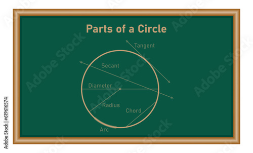 Parts of a circle diagram in mathematics. Tangent, secant, diameter, radius, chord and arc. Circle terms. Math resources for teachers. Vector illustration isolated on white background.