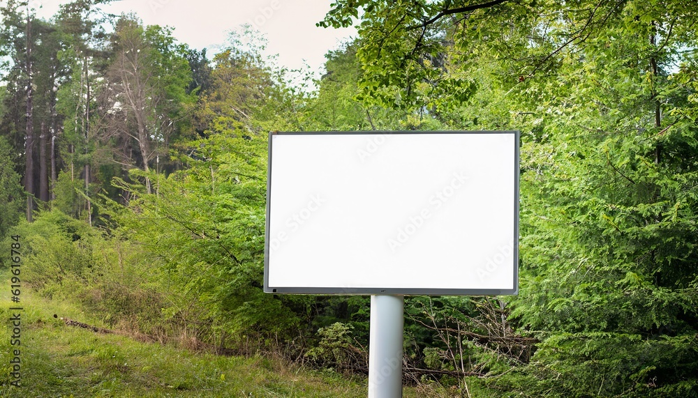 Blank advertising billboard in a green forest setting, Generative AI