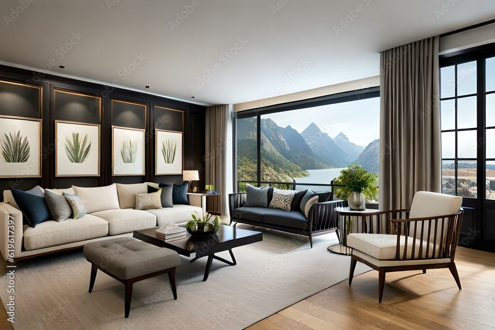 Fototapeta premium Spacious and open, eclectic style living room with elegant sofa, rattan coffee table and chair and classic black sideboard