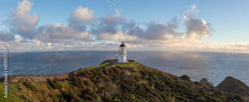 Picturesque sunrise panorama with Cape Reinga lighthouse, New Zealand