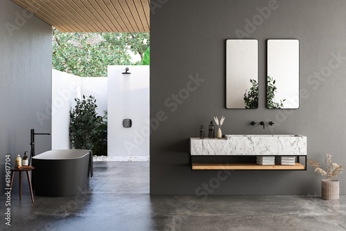 Modern bathroom interior with dark walls, marble basin with double mirror, bathtub, open air shower and grey concrete floor. Minimalist black bathroom with modern furniture. 3D rendering